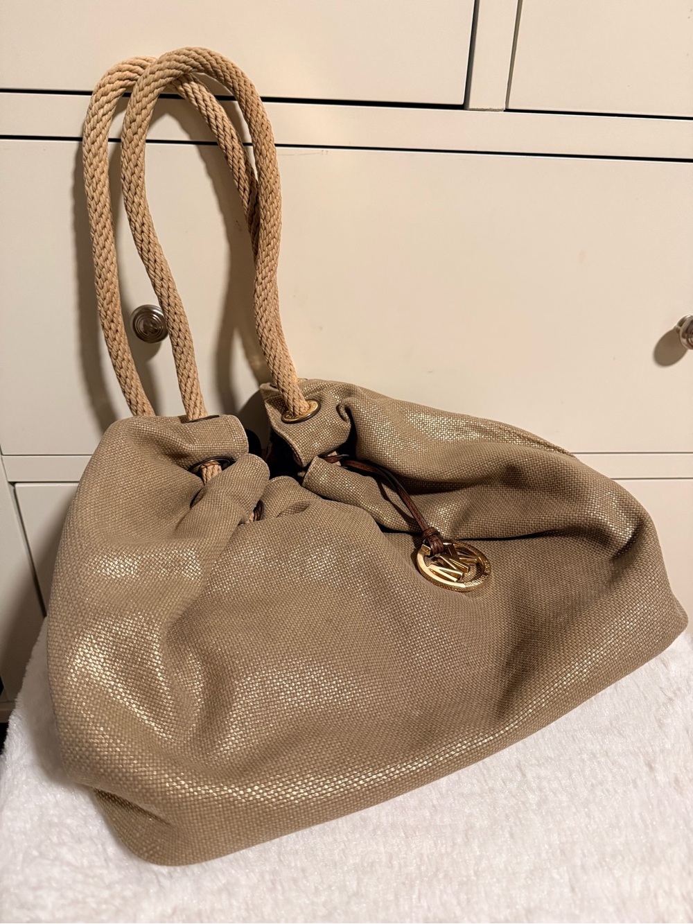 Michael Kors Tan Shimmer Shoulder Tote with Rope Handles - Picture 2 of 6